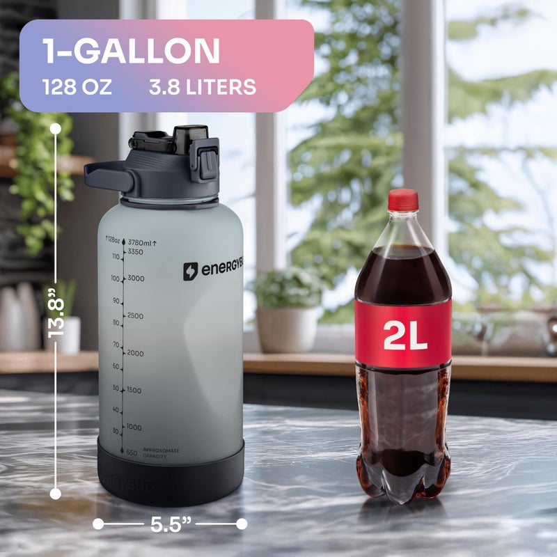 EnergyBud 1 Gallon Water Bottle With Straw Dishwasher-Safe BPS & BPA Free, 2 Cleaning Brush Motivational 128oz Water Jug with Time Markers, Wide-Mouth Tritan, Gym & Exercise Equipment(Clear & Black) - Image 4
